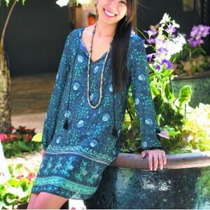 Calypso St Barth Blue Floral Polyester Tunic Sheath Dress Tassel Ties Women’s XS